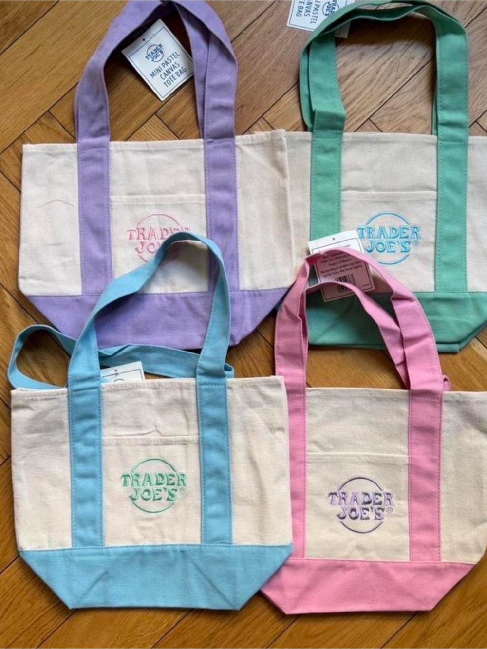 NWT set of Four Mini Canvas Tote Bags - Pink, Blue, Green, Lavender